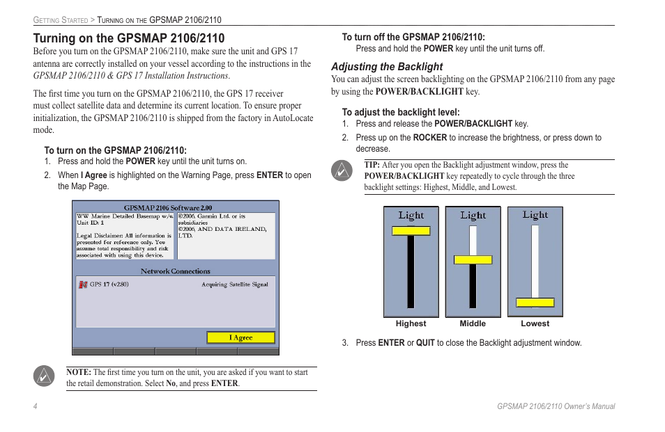 Turning on the gpsmap 2106/2110, Adjusting the backlight | Garmin GPSMAP 2110 User Manual | Page 12 / 106