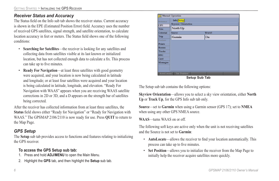 Receiver status and accuracy, Gps setup | Garmin GPSMAP 2110 User Manual | Page 14 / 106