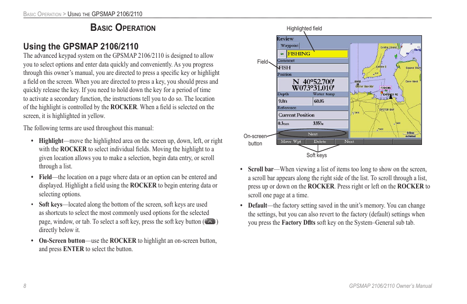 Basic operation, Using the gpsmap 2106/2110 | Garmin GPSMAP 2110 User Manual | Page 16 / 106