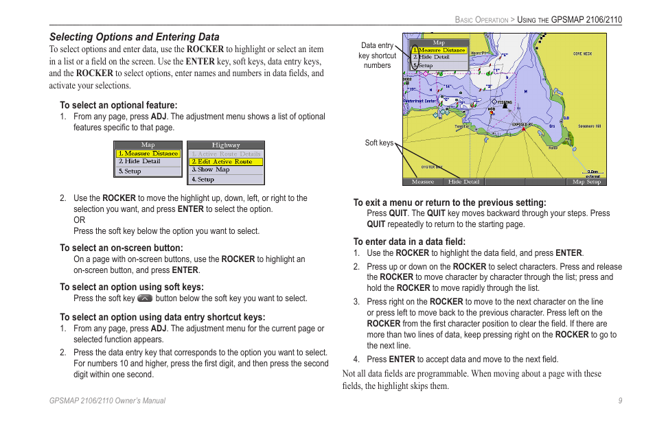 Selecting options and entering data | Garmin GPSMAP 2110 User Manual | Page 17 / 106