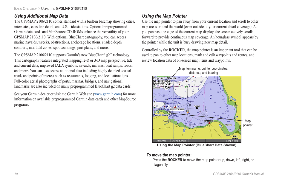 Using additional map data, Using the map pointer | Garmin GPSMAP 2110 User Manual | Page 18 / 106