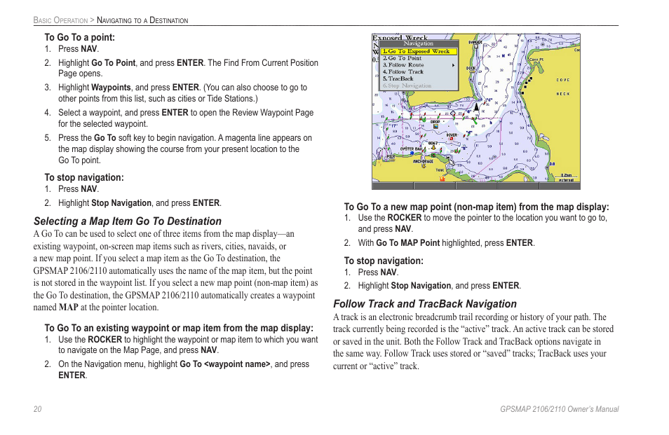 Selecting a map item go to destination, Follow track and tracback navigation | Garmin GPSMAP 2110 User Manual | Page 28 / 106