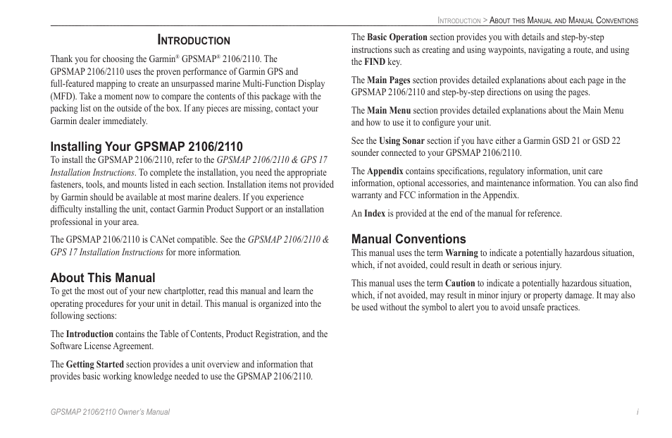 Introduction, Installing your gpsmap 2106/2110, About this manual | Manual conventions | Garmin GPSMAP 2110 User Manual | Page 3 / 106