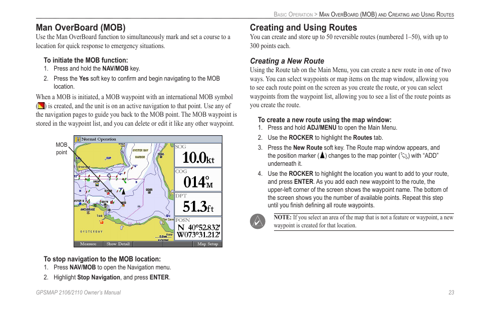 Man overboard (mob), Creating and using routes, Creating a new route | For more information about using routes, see | Garmin GPSMAP 2110 User Manual | Page 31 / 106