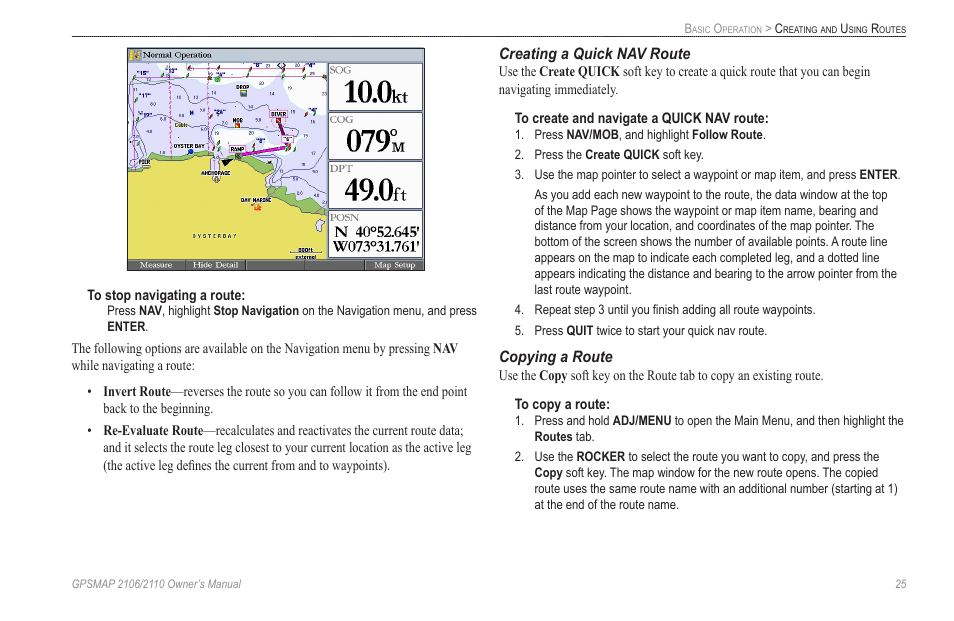 Creating a quick nav route, Copying a route | Garmin GPSMAP 2110 User Manual | Page 33 / 106