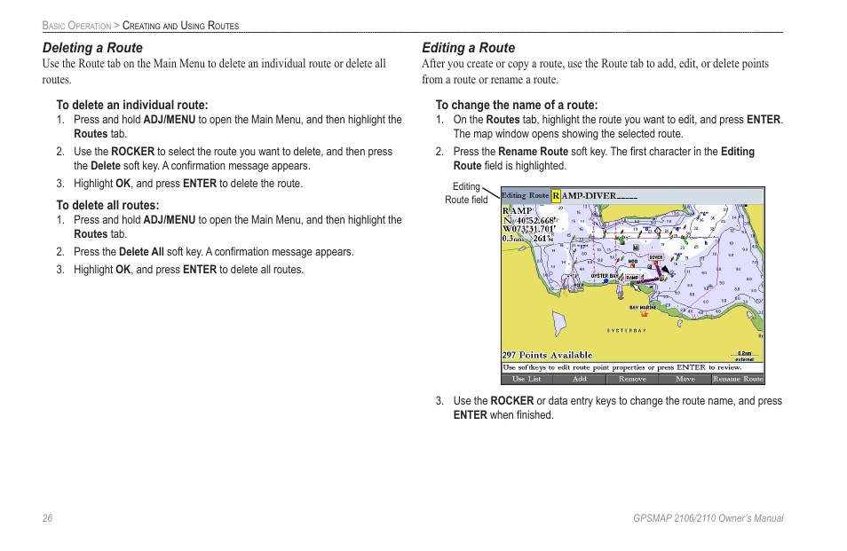 Deleting a route, Editing a route | Garmin GPSMAP 2110 User Manual | Page 34 / 106