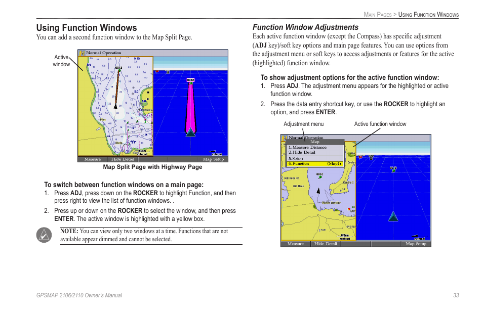 Using function windows, Function window adjustments | Garmin GPSMAP 2110 User Manual | Page 41 / 106