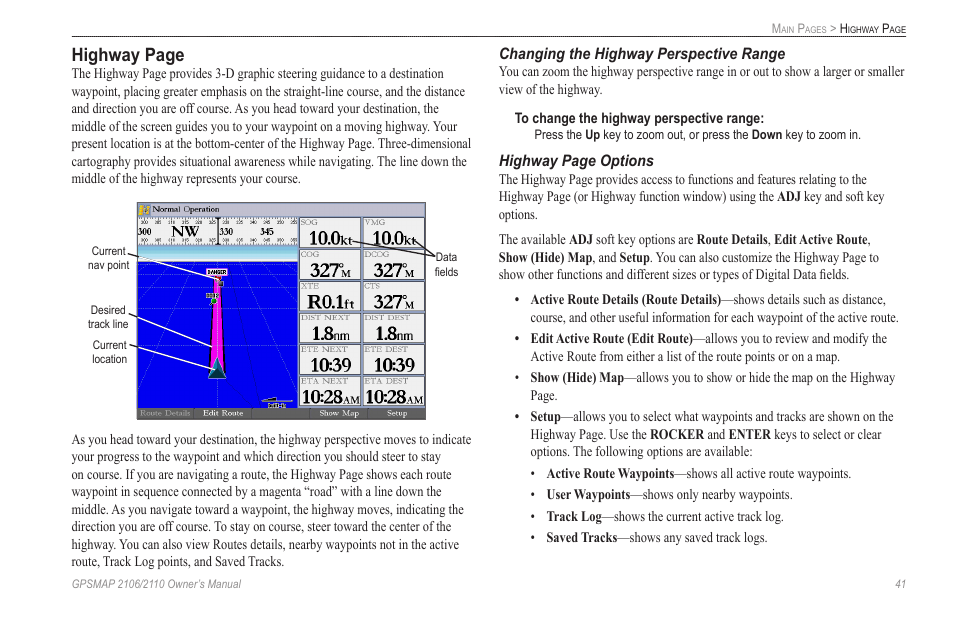 Changing the highway perspective range, Highway page | Garmin GPSMAP 2110 User Manual | Page 49 / 106