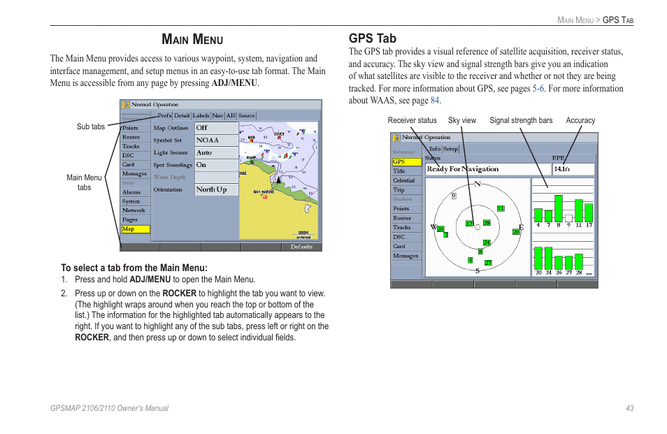 Main menu, Gps tab | Garmin GPSMAP 2110 User Manual | Page 51 / 106