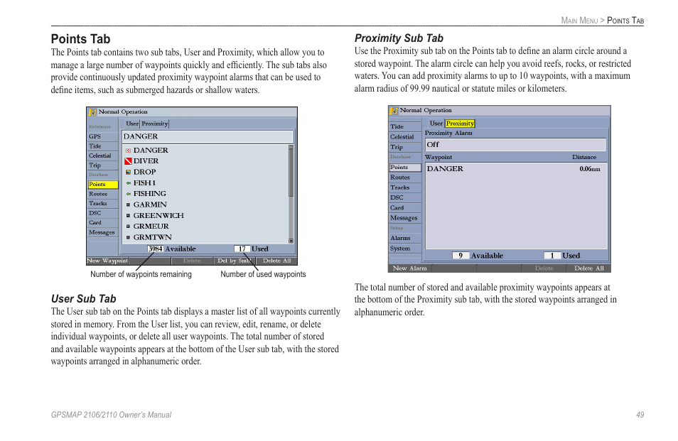 Points tab | Garmin GPSMAP 2110 User Manual | Page 57 / 106