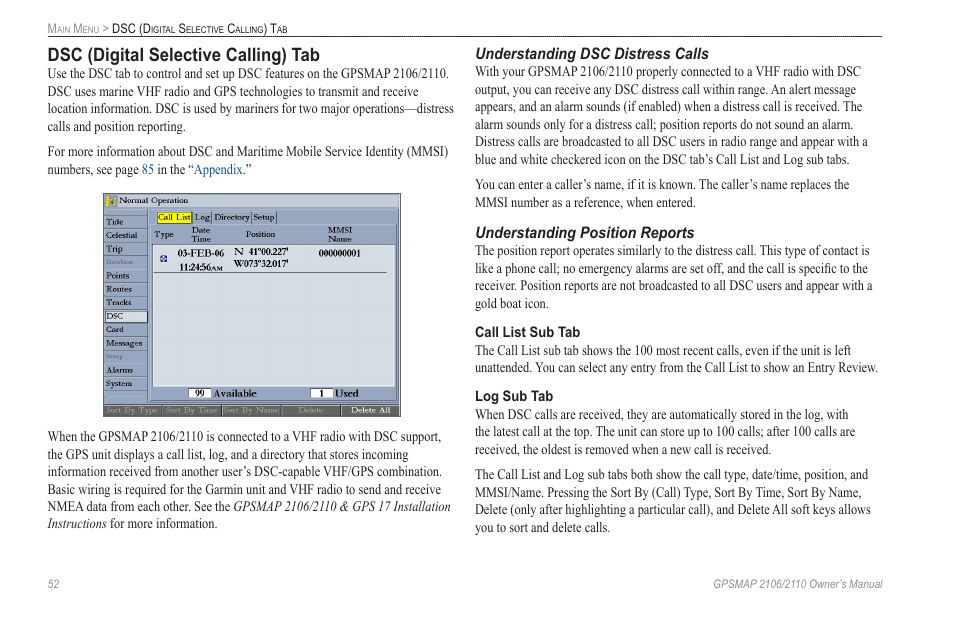 Dsc (digital selective calling) tab, Understanding dsc distress calls, Understanding position reports | Garmin GPSMAP 2110 User Manual | Page 60 / 106