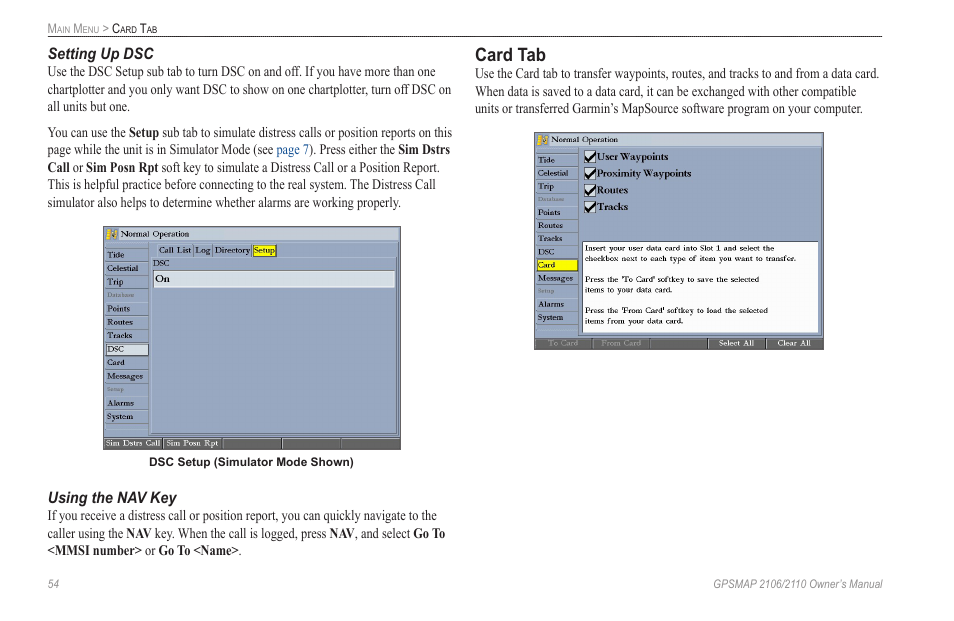 Setting up dsc, Using the nav key, Card tab | Garmin GPSMAP 2110 User Manual | Page 62 / 106