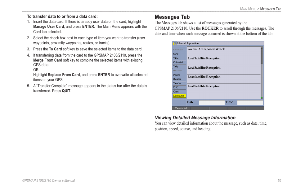 Messages tab, Viewing detailed message information | Garmin GPSMAP 2110 User Manual | Page 63 / 106