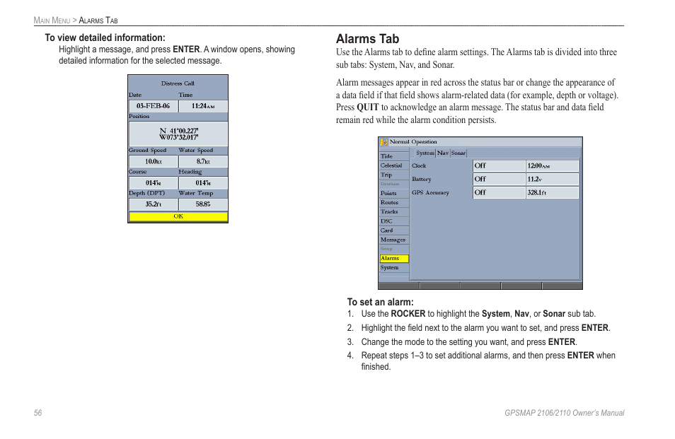 Alarms tab | Garmin GPSMAP 2110 User Manual | Page 64 / 106