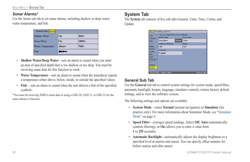 Sonar alarms, System tab | Garmin GPSMAP 2110 User Manual | Page 66 / 106