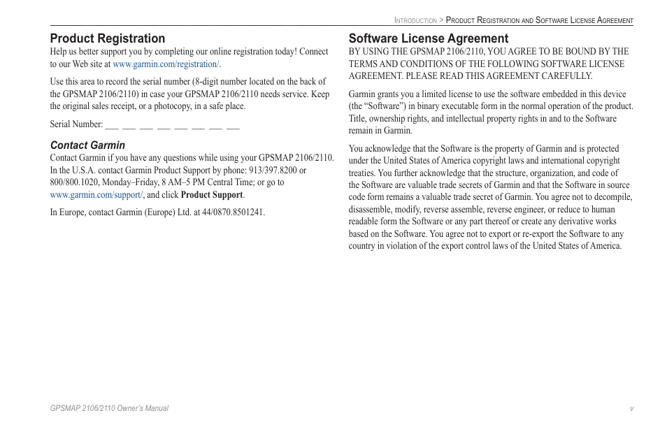 Product registration, Contact garmin, Software license agreement | Garmin GPSMAP 2110 User Manual | Page 7 / 106