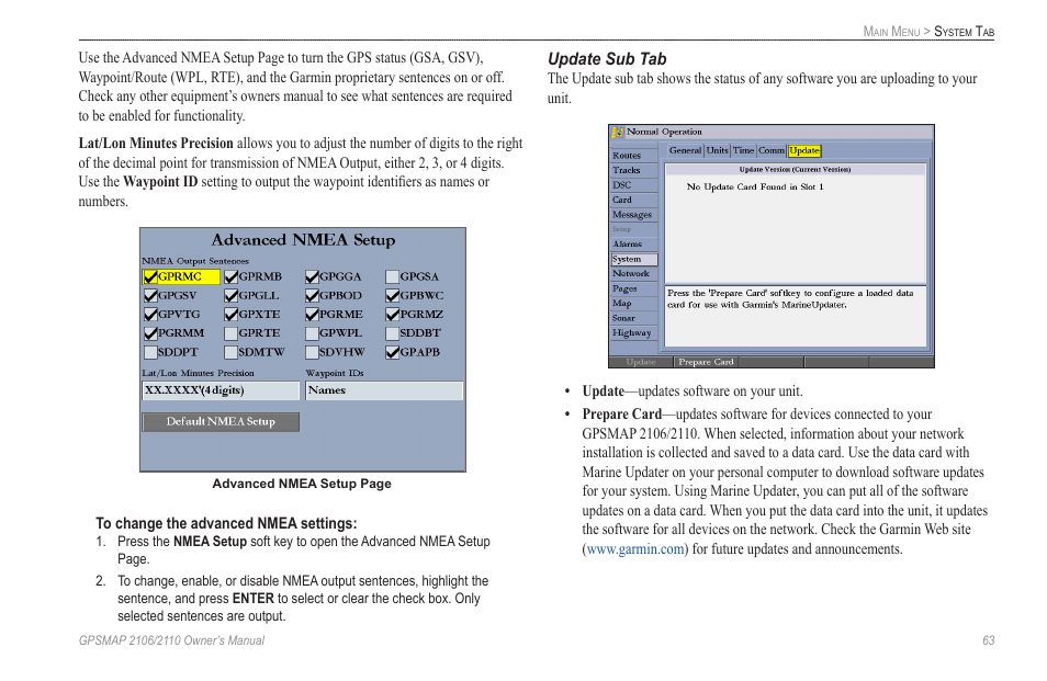 Update sub tab | Garmin GPSMAP 2110 User Manual | Page 71 / 106