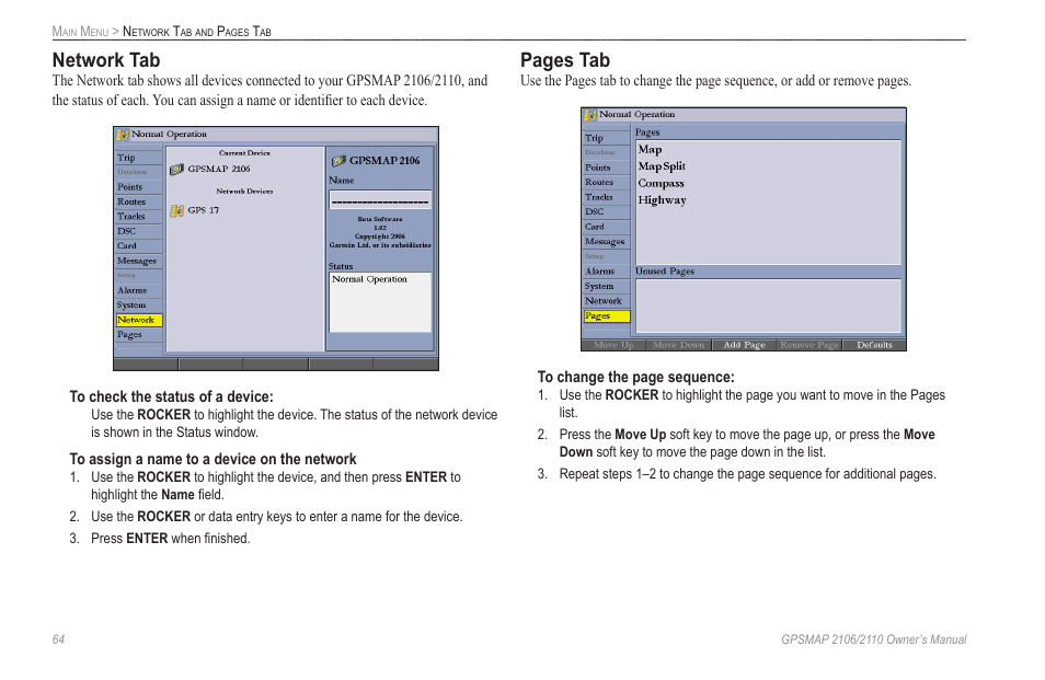 Network tab, Pages tab | Garmin GPSMAP 2110 User Manual | Page 72 / 106