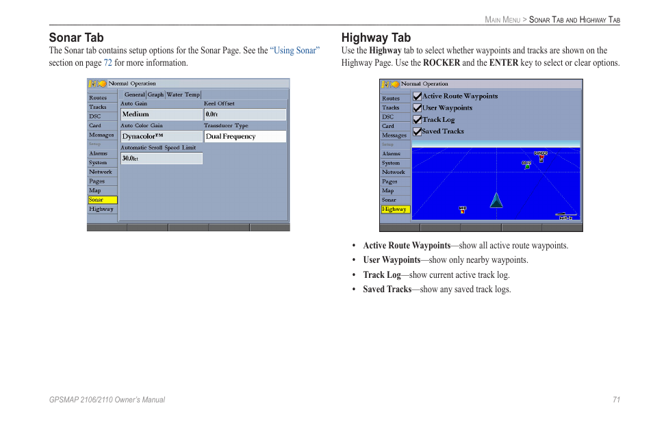 Sonar tab, Highway tab | Garmin GPSMAP 2110 User Manual | Page 79 / 106