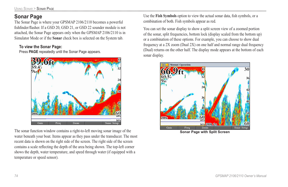 Sonar page | Garmin GPSMAP 2110 User Manual | Page 82 / 106