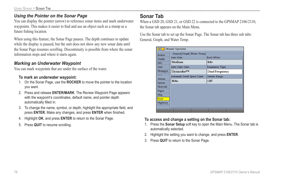 Marking an underwater waypoint, Sonar tab | Garmin GPSMAP 2110 User Manual | Page 86 / 106