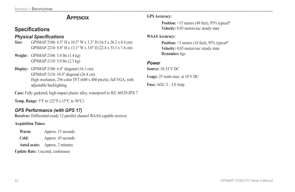 Appendix, Specifications | Garmin GPSMAP 2110 User Manual | Page 90 / 106