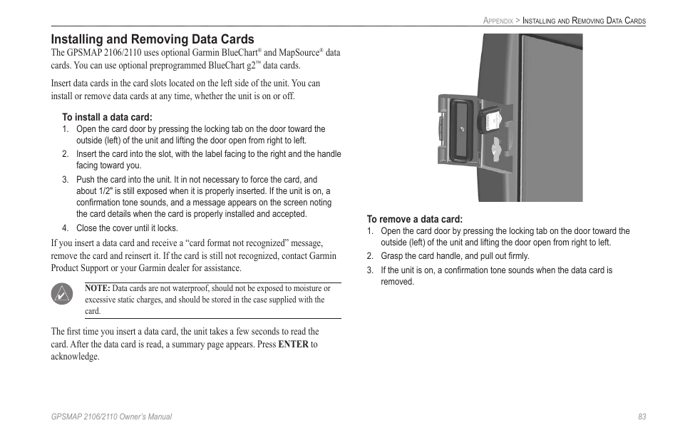 Installing and removing data cards | Garmin GPSMAP 2110 User Manual | Page 91 / 106