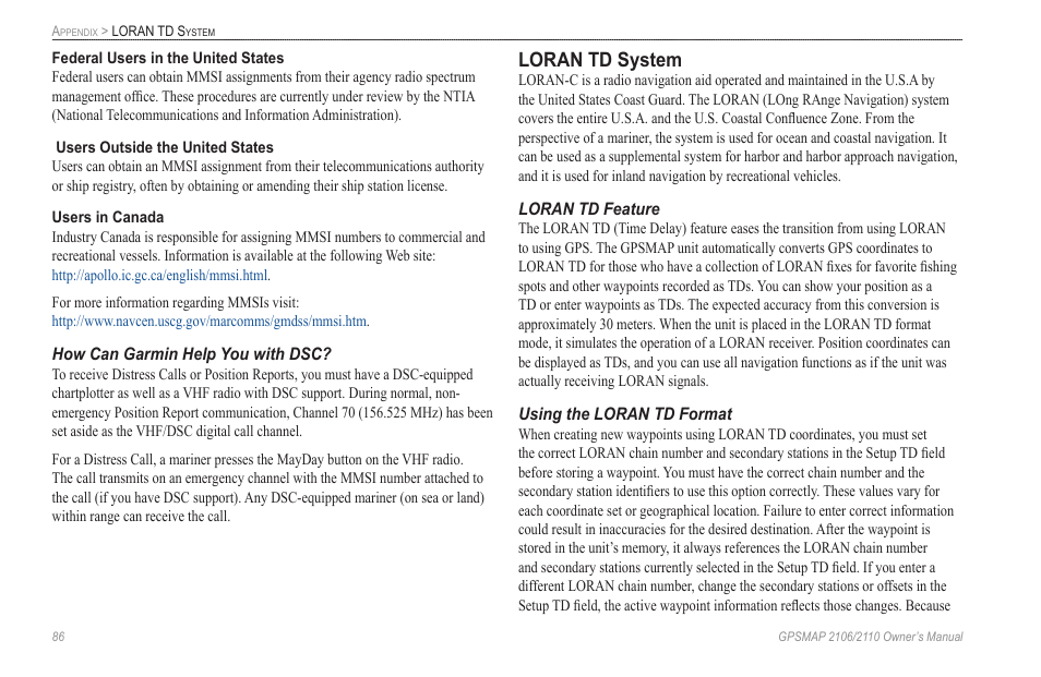 Loran td system | Garmin GPSMAP 2110 User Manual | Page 94 / 106