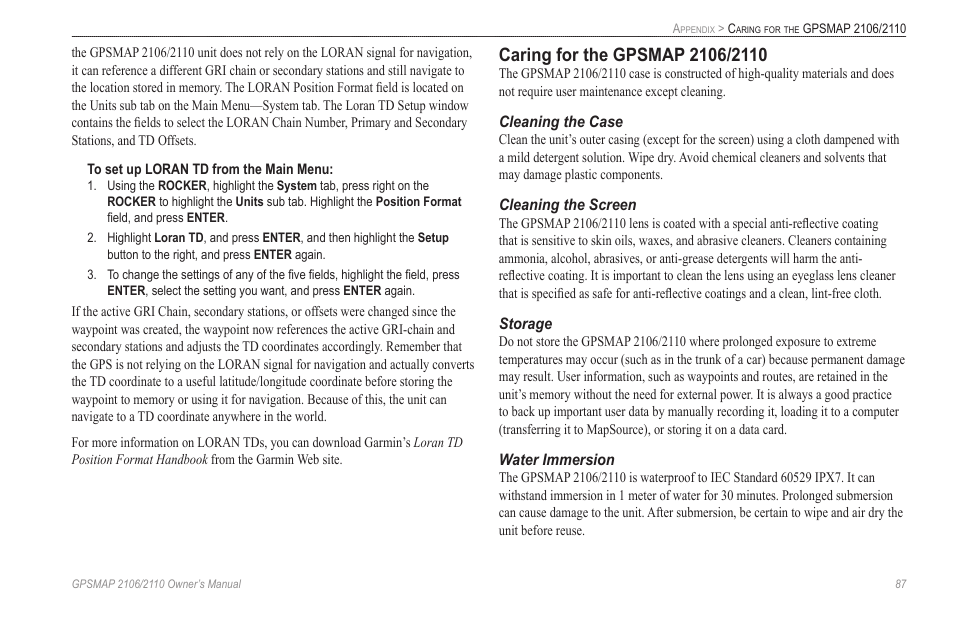 Caring for the gpsmap 2106/2110 | Garmin GPSMAP 2110 User Manual | Page 95 / 106