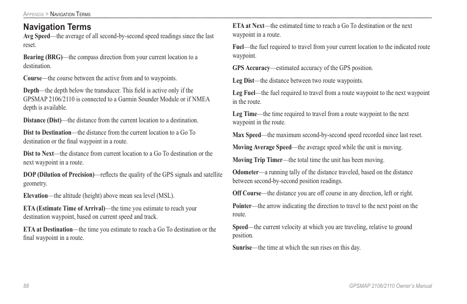 Navigation terms | Garmin GPSMAP 2110 User Manual | Page 96 / 106