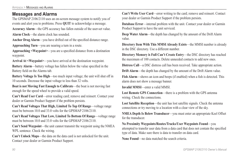 Messages and alarms | Garmin GPSMAP 2110 User Manual | Page 98 / 106