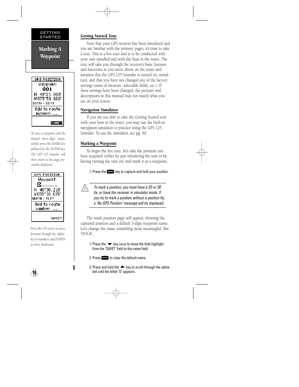 Marking a waypoint | Garmin GPS 125 Sounder User Manual | Page 14 / 84