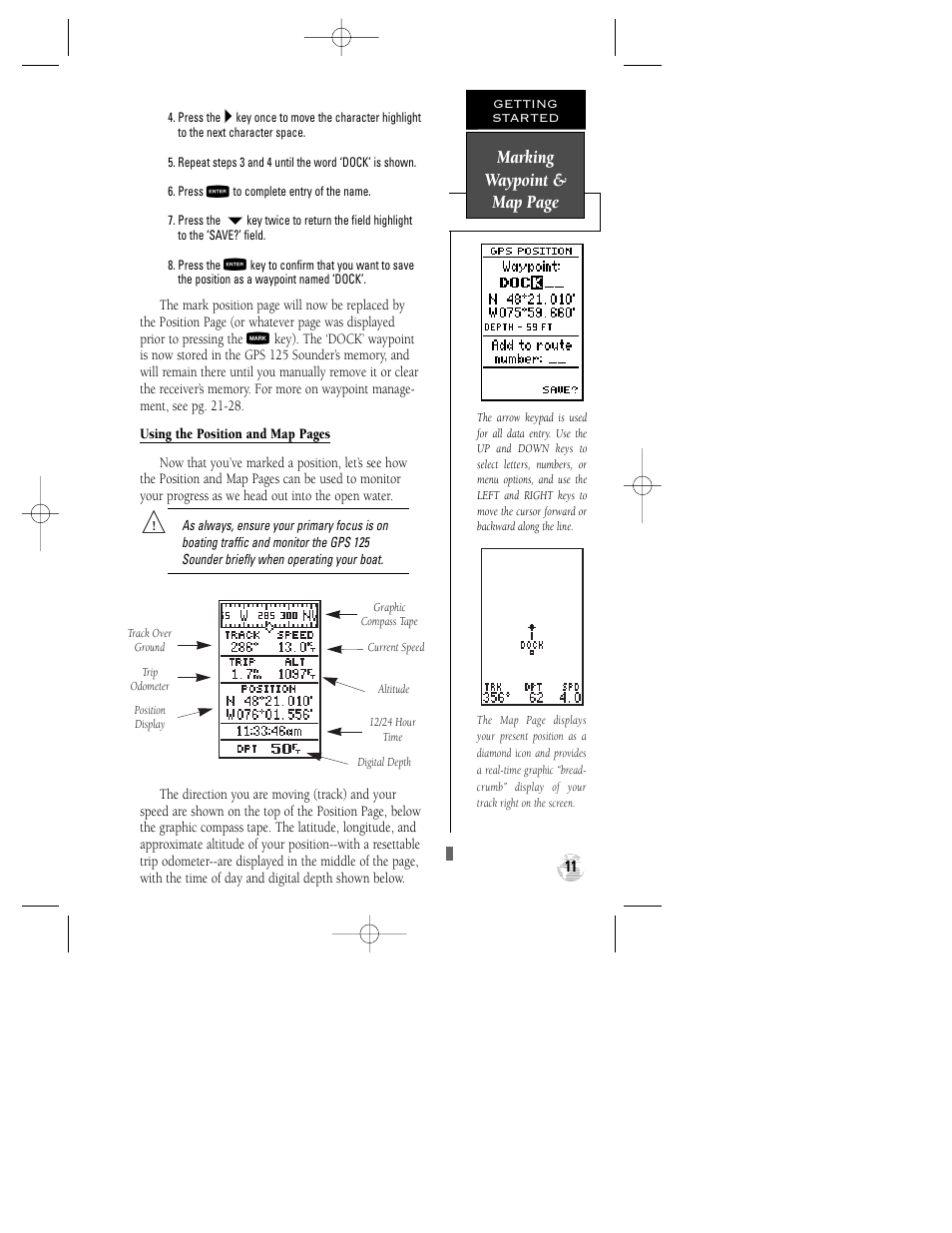 Marking waypoint & map page | Garmin GPS 125 Sounder User Manual | Page 15 / 84