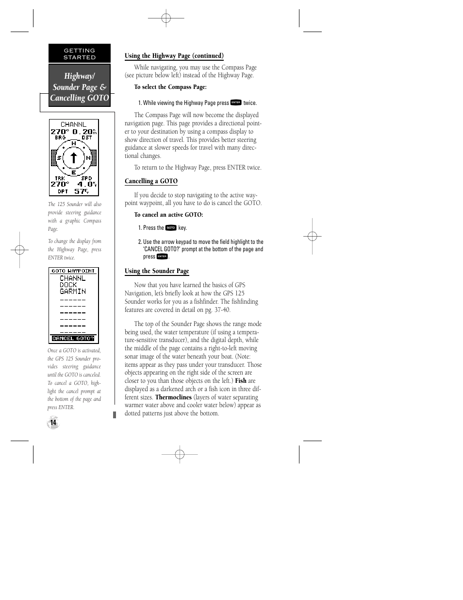 Highway/ sounder page & cancelling goto | Garmin GPS 125 Sounder User Manual | Page 18 / 84