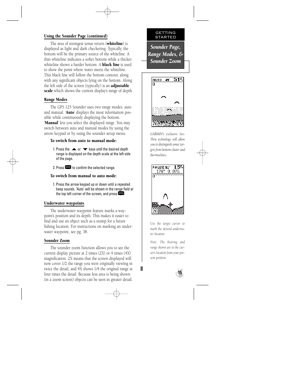 Sounder page, range modes, & sounder zoom | Garmin GPS 125 Sounder User Manual | Page 19 / 84