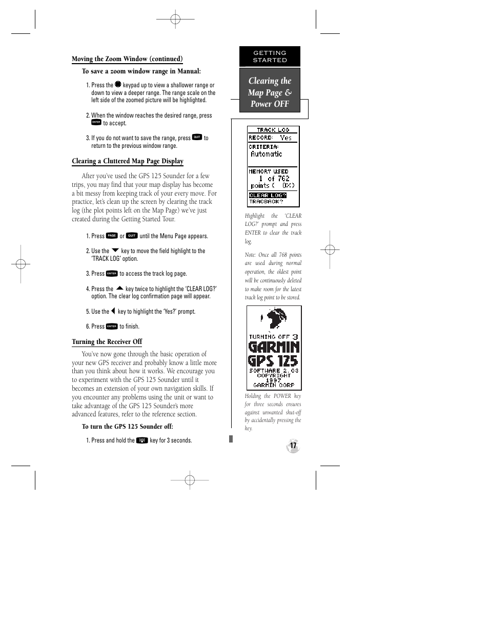 Clearing the map page & power off | Garmin GPS 125 Sounder User Manual | Page 21 / 84