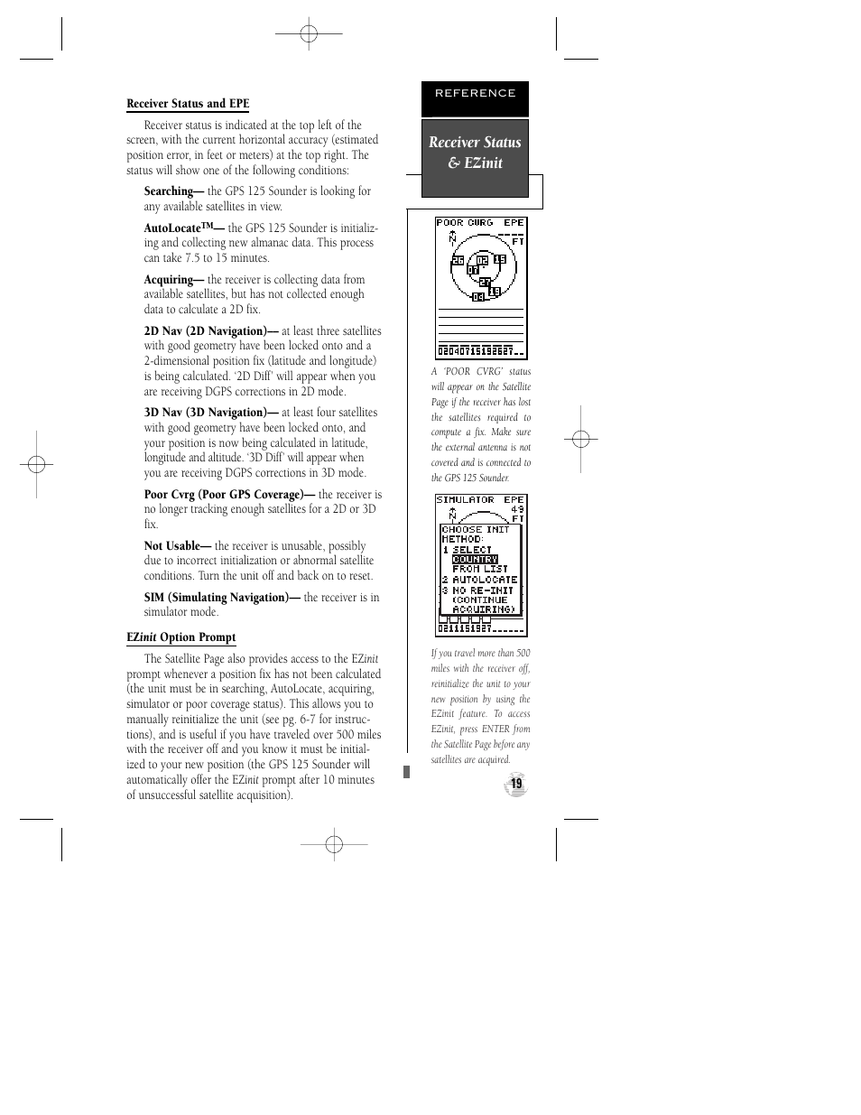 Receiver status & ezinit | Garmin GPS 125 Sounder User Manual | Page 23 / 84