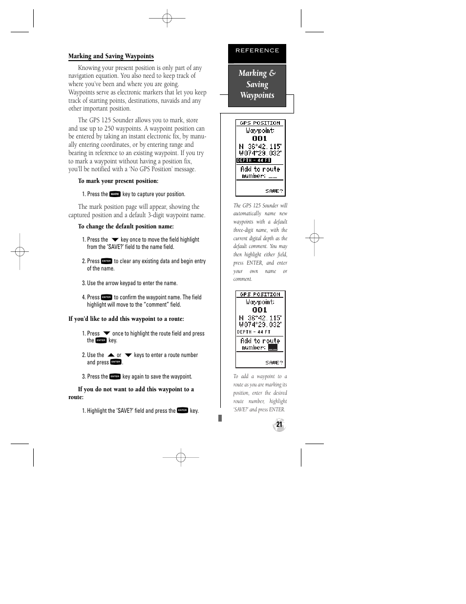 Marking & saving waypoints | Garmin GPS 125 Sounder User Manual | Page 25 / 84