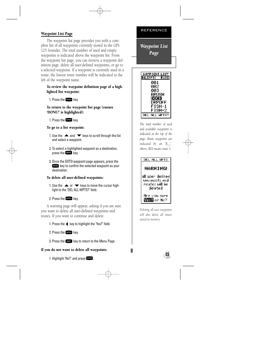 Waypoint list page | Garmin GPS 125 Sounder User Manual | Page 27 / 84