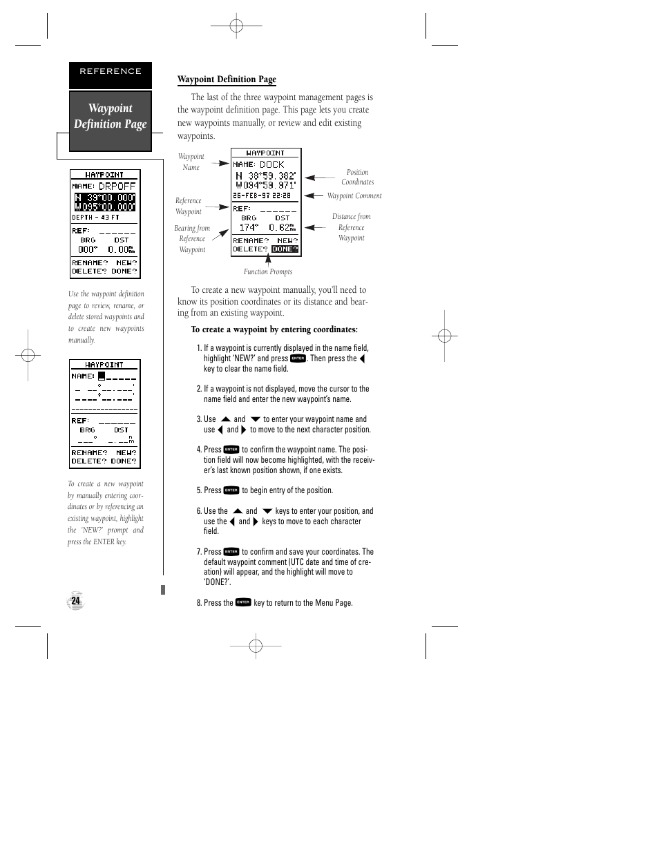 Waypoint definition page | Garmin GPS 125 Sounder User Manual | Page 28 / 84