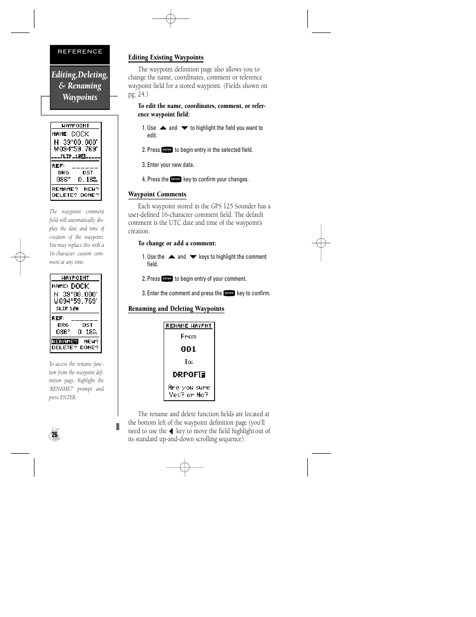 Editing,deleting, & renaming waypoints | Garmin GPS 125 Sounder User Manual | Page 30 / 84