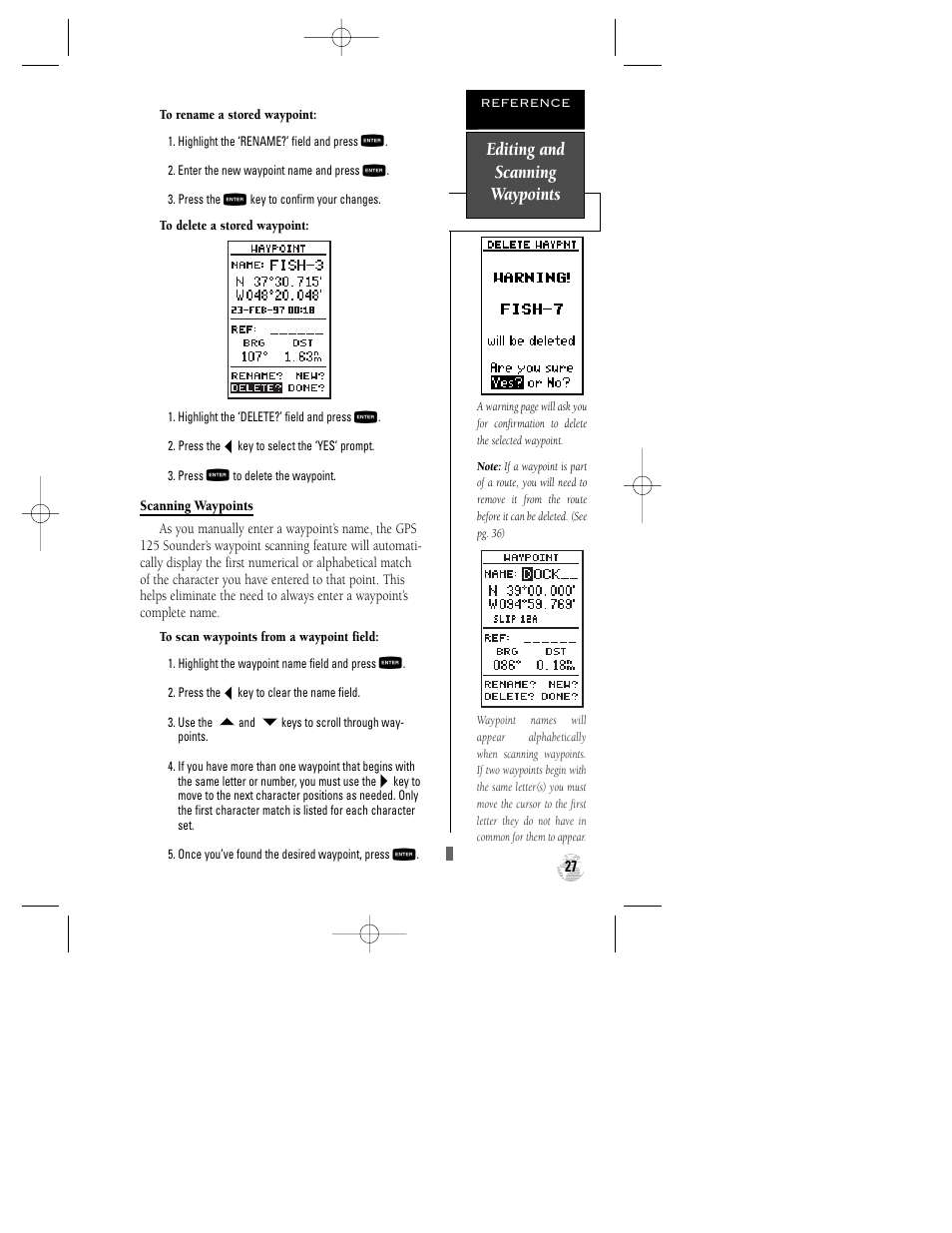 Editing and scanning waypoints | Garmin GPS 125 Sounder User Manual | Page 31 / 84