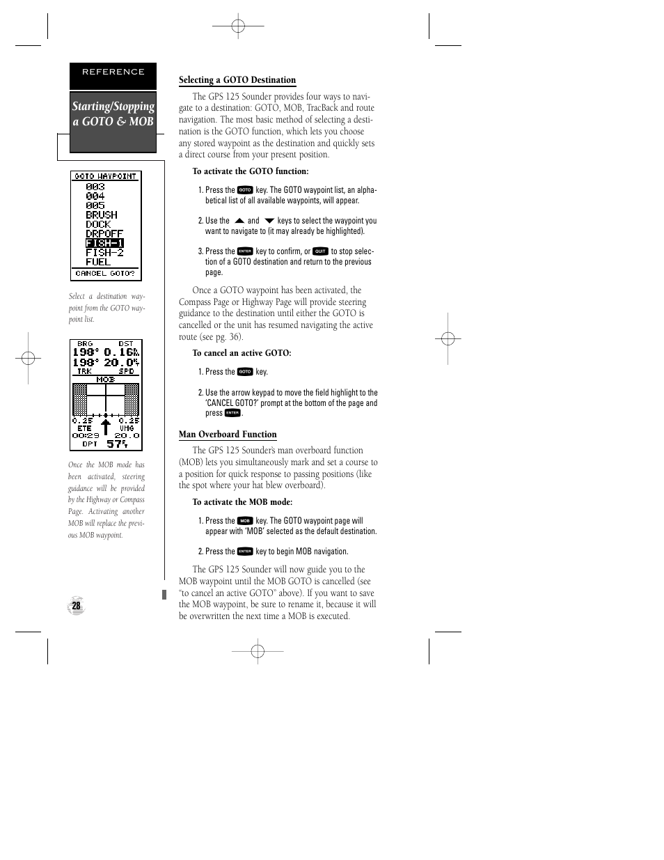 Starting/stopping a goto & mob | Garmin GPS 125 Sounder User Manual | Page 32 / 84