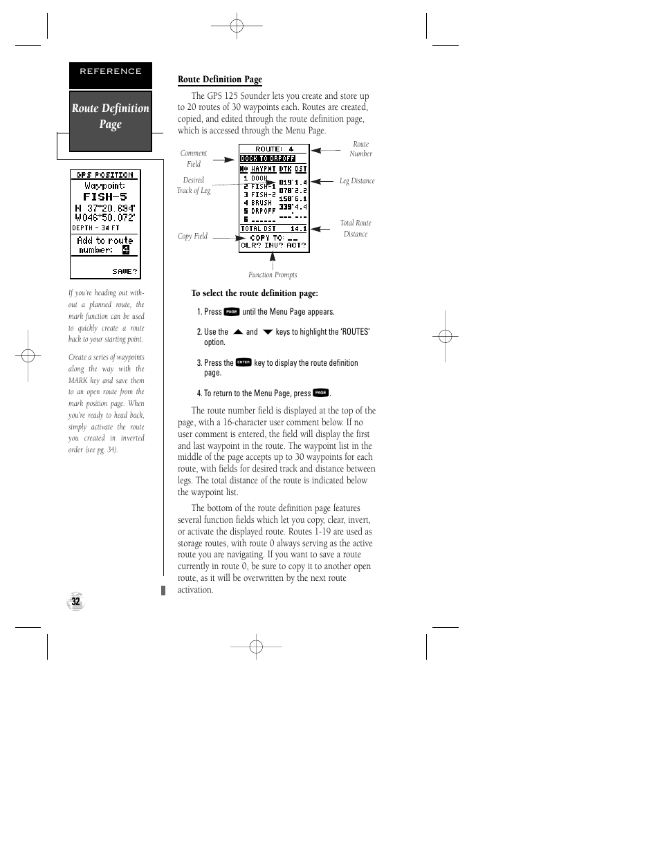 Route definition page | Garmin GPS 125 Sounder User Manual | Page 36 / 84