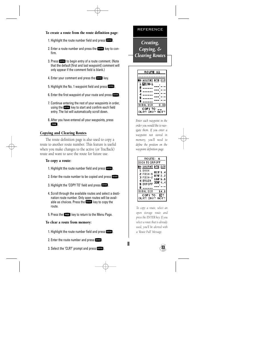 Creating, copying, & clearing routes | Garmin GPS 125 Sounder User Manual | Page 37 / 84