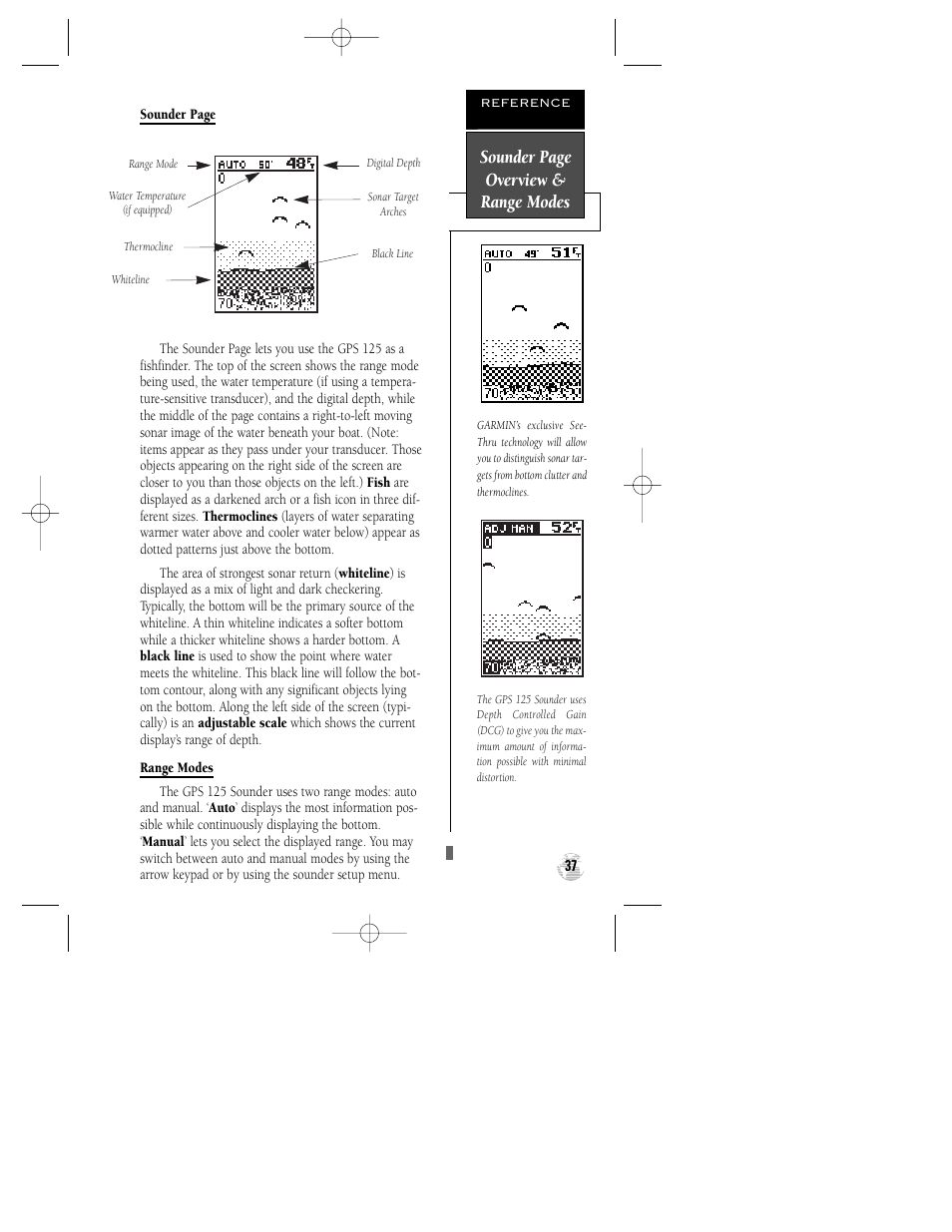 Sounder page overview & range modes | Garmin GPS 125 Sounder User Manual | Page 41 / 84