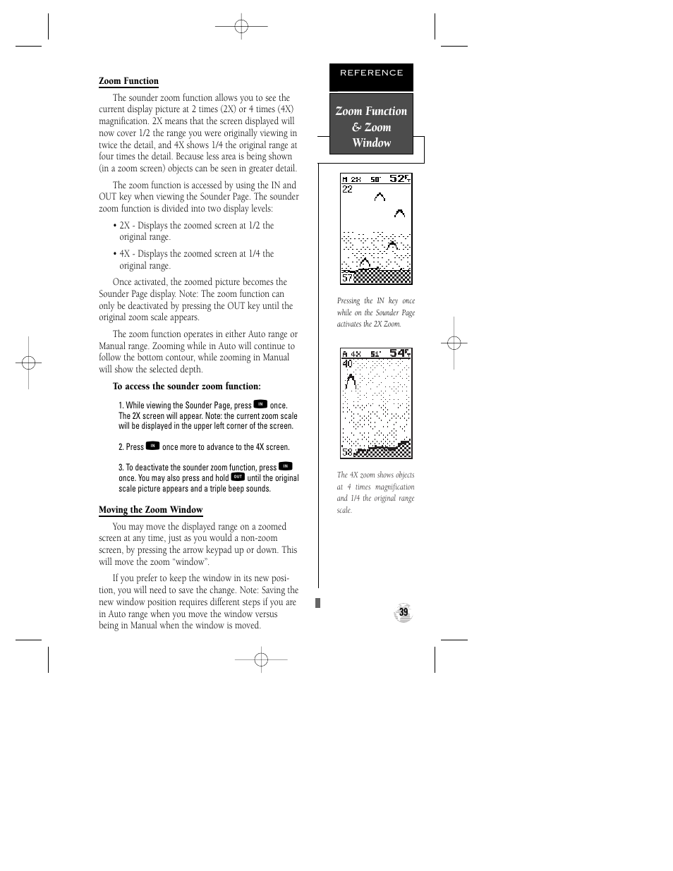 Zoom function & zoom window | Garmin GPS 125 Sounder User Manual | Page 43 / 84