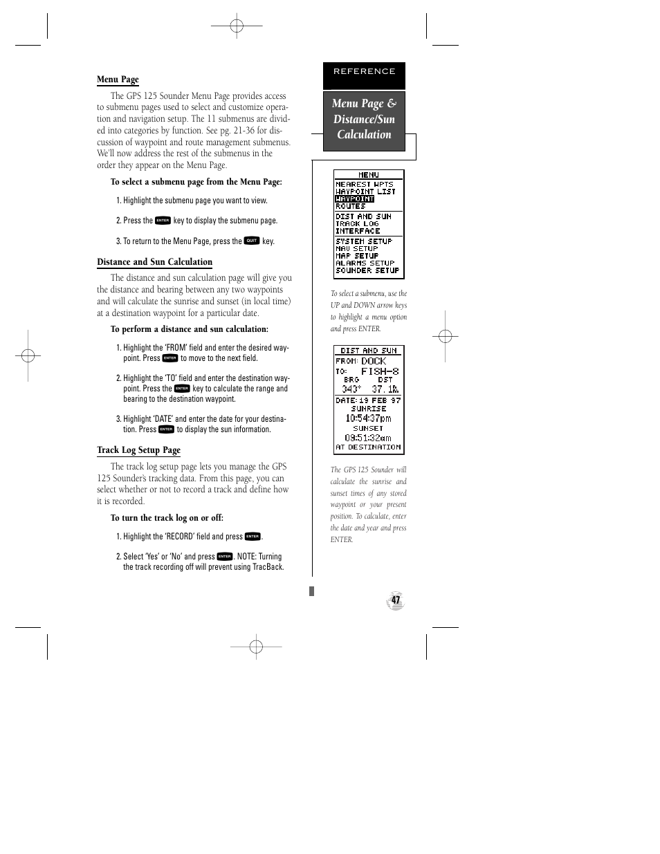 Menu page & distance/sun calculation | Garmin GPS 125 Sounder User Manual | Page 51 / 84