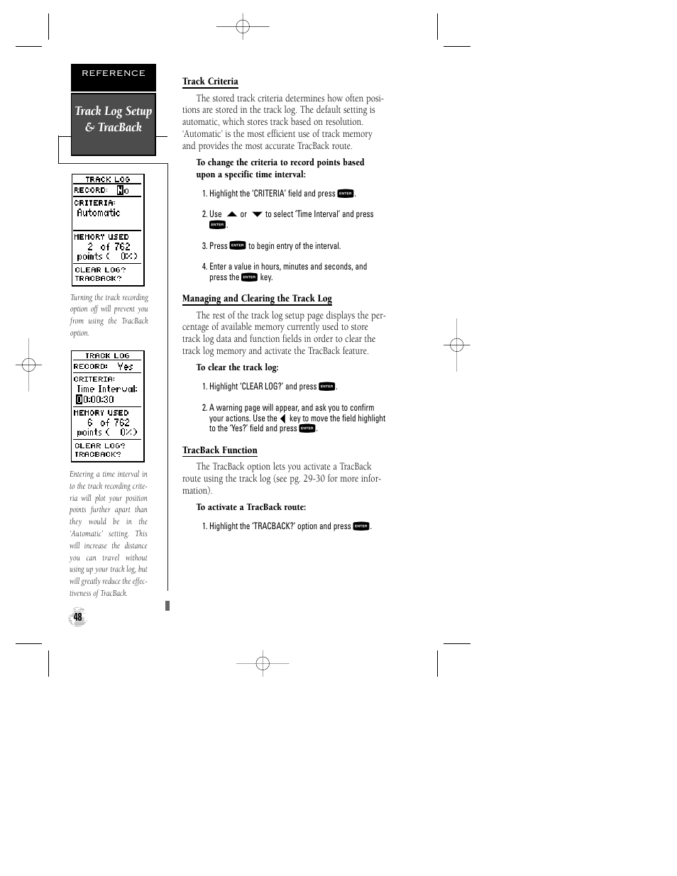 Track log setup & tracback | Garmin GPS 125 Sounder User Manual | Page 52 / 84