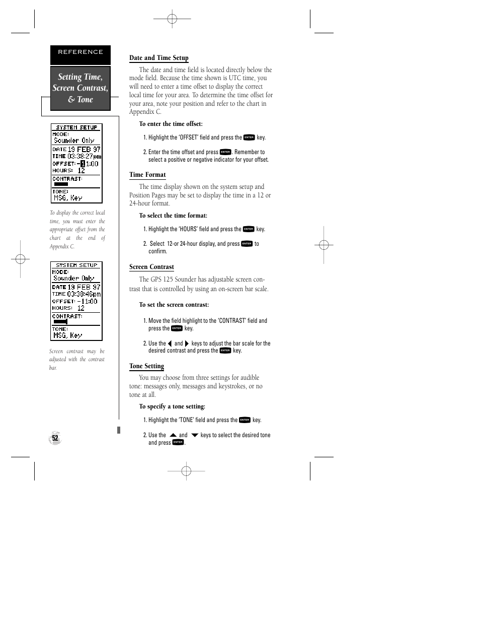 Setting time, screen contrast, & tone | Garmin GPS 125 Sounder User Manual | Page 56 / 84